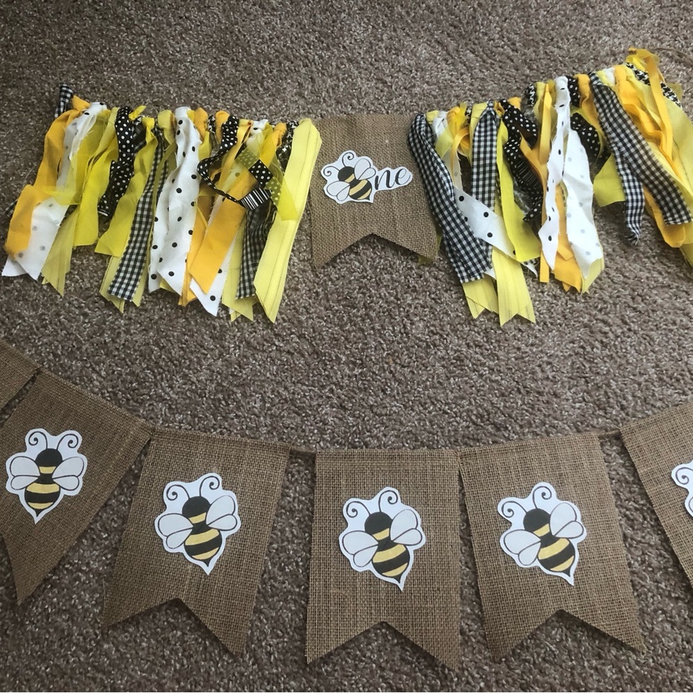 Baby’s First Bee Day Decor High chair Banner Signs Handmade Birthday